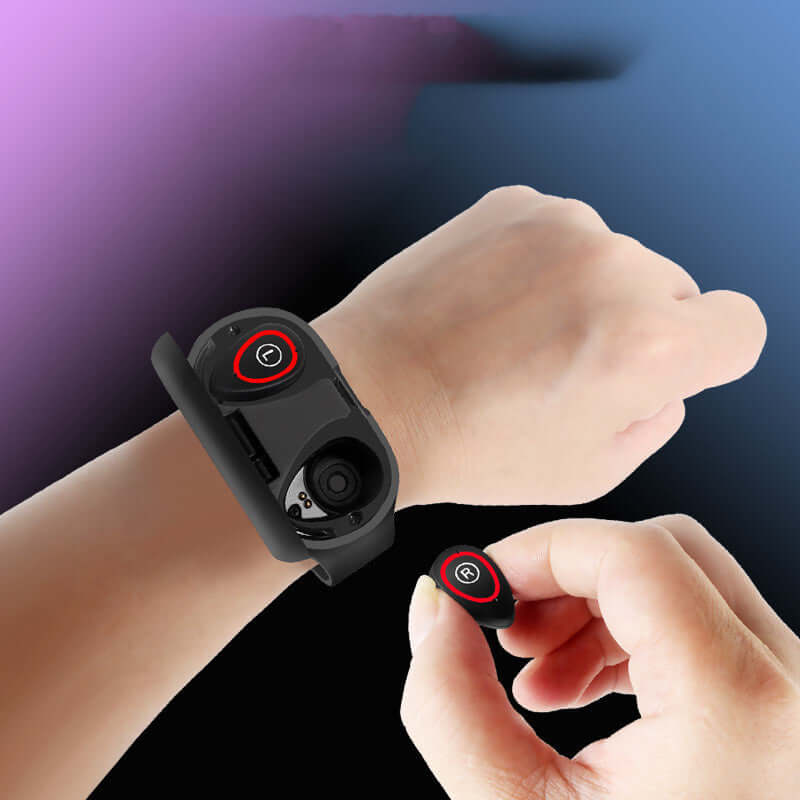Smart bracelet with removable Bluetooth earphone on wrist, showcasing fitness tracking features.