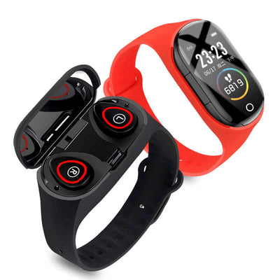 Smart bracelet with heart rate monitor and Bluetooth earphones, perfect for fitness tracking on the go.