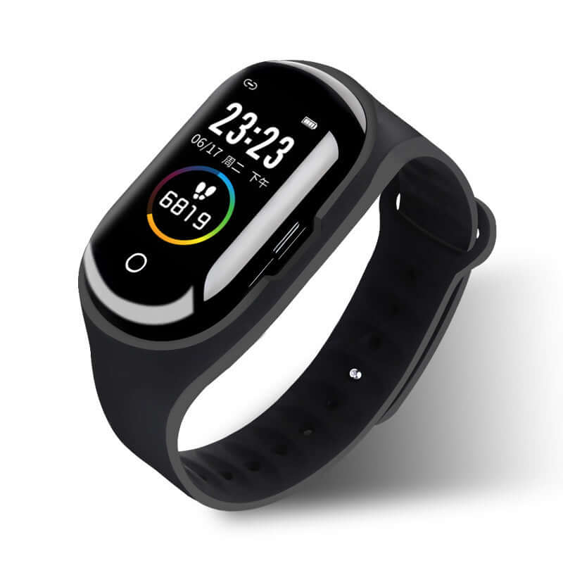 Smart bracelet fitness tracker with heart rate monitor and Bluetooth features, shown in sleek black design.