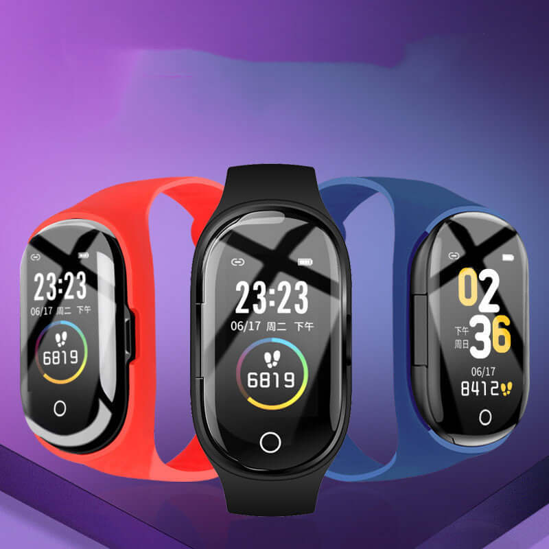Three fitness tracker smart bracelets in red, black, and blue displaying time and activity metrics on a colorful background.